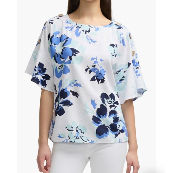 Ellen Tracy Linen Viscose Blend Dolman Sleeve Top Blouse Blue Size L - Picture 4 of 9